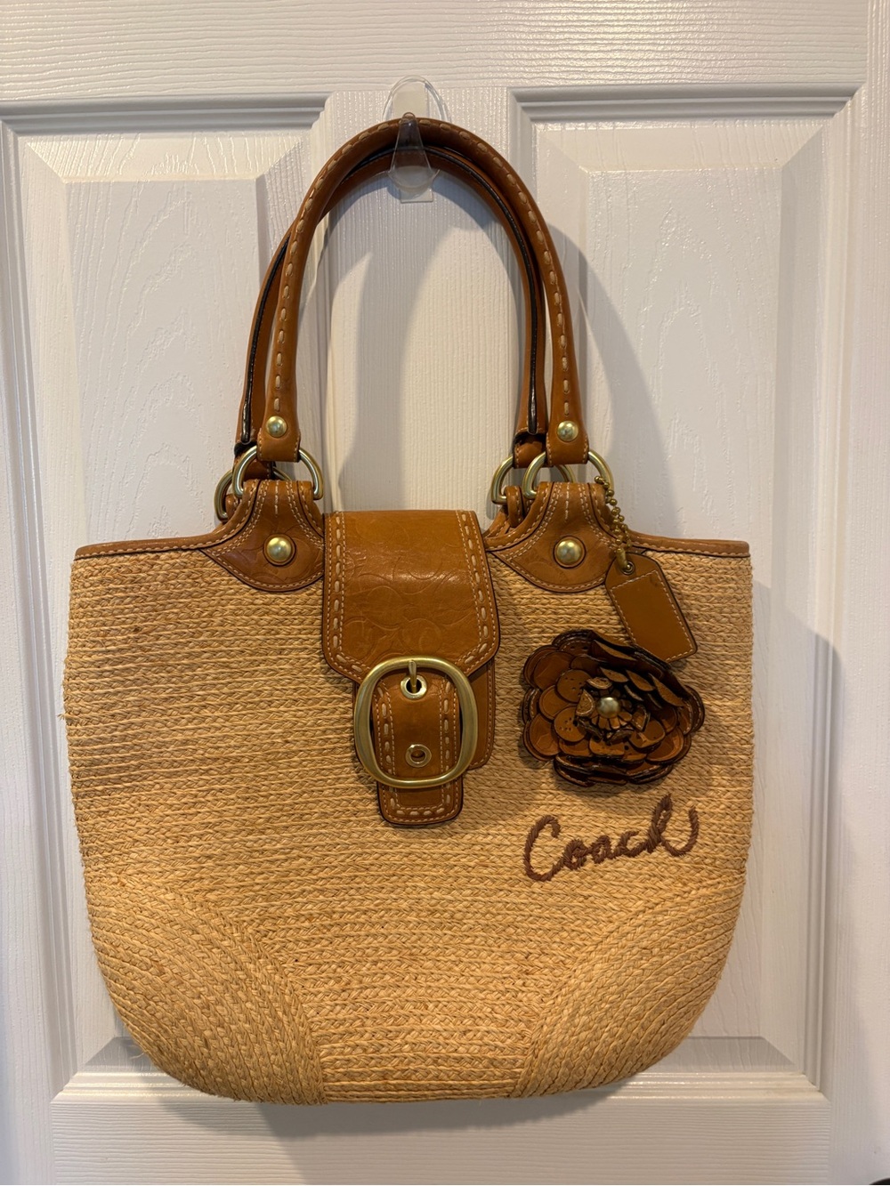 Coach Straw Shoulder Tote with Tan Leather Trim